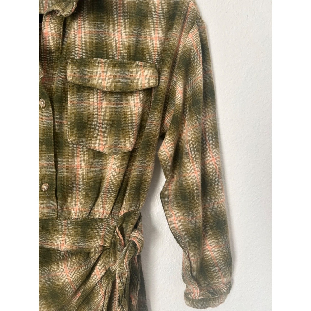 Zara Plaid Shirt Dress Size 13 Green Pink Ecru Tie Waist Detail Button Front - Picture 3 of 13